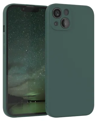 A dark green phone case is shown on a dark background with a starry sky image on the phone screen.