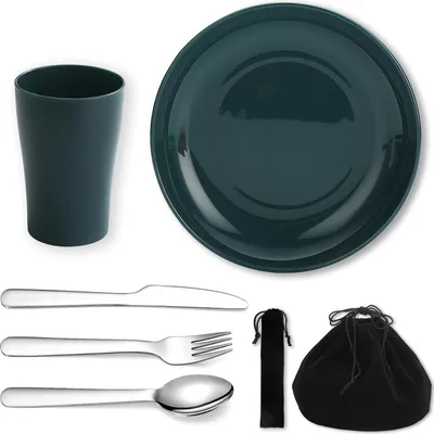 Produktbild von Evanda Camping Besteck Set 5 teilig, wiederverwendbarer Leichter Becher, Teller und Edelstahlbesteck mit schwarzer Tasche, für Camping 1 Person, spülmaschinenfest