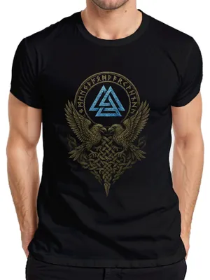 Produktbild von Wotansknoten Runenkreis mit Raben und keltischem Knotenmuster Herren T-Shirt, Schwarz, 3XL