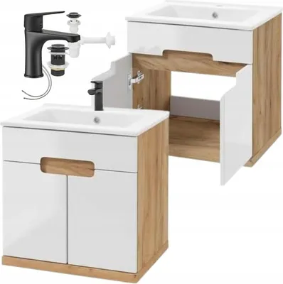 Immagine prodotto di Set di mobili da bagno a parete DomoDomo 60x50 con lavabo in Vetroceramica e rubinetto nero, rovere bianco