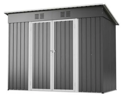 Obrázok produktu pre Kryt na náradie, kovový, 242 x 126 x 182 cm, sivý, uzamykateľný, so šikmou strechou a základňovým rámom