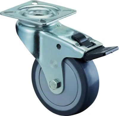 Produktbild von BS-Rollen A320.A85.050 Lenkrolle mit Platte und Totalfeststeller, Gummi grau Lauffläche, Kugellager, 50mm Rad, 73mm Bauhöhe