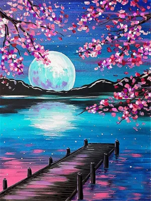 A painting of a serene night scene with a large moon over a lake, framed by cherry blossom branches, and a wooden pier leading into the water.