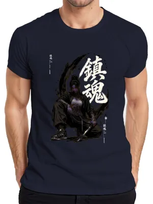 Zdjęcie produktu dla T-shirt męski, granatowy, rozmiar XXL, z motywem: samurajka, katana, Japonia, anime, styl Y2K, Yakuza