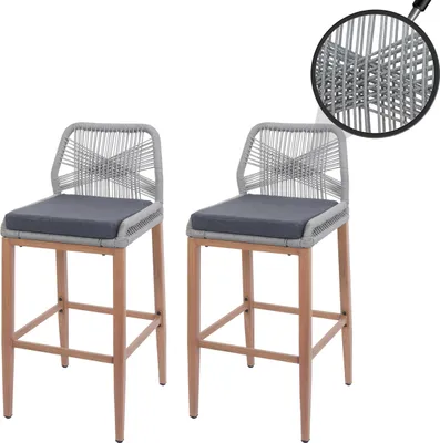 Produktbild von 2er-Set Rope-Barhocker HWC-O21, Outdoor Sitzpolster Seilgeflecht Metall Holz-Optik  hellgrau, Kissen dunkelgrau