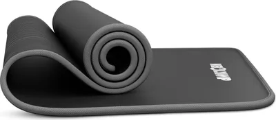 A partially unrolled gray fitness mat on a white background.