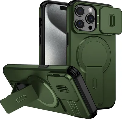 Obrázek produktu pro Magnetické pouzdro pro iPhone 15 Pro Max, dvouvrstvé odolné pouzdro s posuvnou ochranou fotoaparátu a nastavitelným stojánkem Zelená