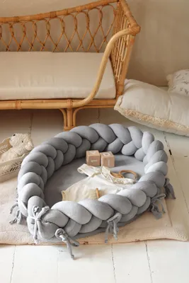 Produktbild von Babynest 2-in-1, Nestchen, & Bettschlange Dunkelgrau – Velours, handgeflochten, | Letino