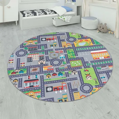 Produktbild von Spielteppich Kinderteppich Kinderzimmer Straßenteppich Mit Auto Motiv, In Grau Grösse Ø 160 cm Rund