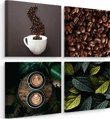 Produktbild von Leinwandbilder Set Aufhängefertig 4 Bilder für Küche KAFFEE Kaffeebohnen Blätter 60cm x 60cm (4x 30cm x 30cm)