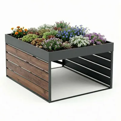 Image de CASABEL Abri pour robot tondeuse, acier galvanisé, finition noir et bois, Garage design avec bac à plantes sur le toit, universel
