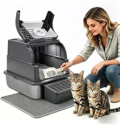Produktbild von PolkaHome® Große Edelstahl Katzenbox mit Klappdeckel, 3-in-1 geschlossen und offen, Anti-Streu-Tritt und Matte, Geruchskontrolle, leicht