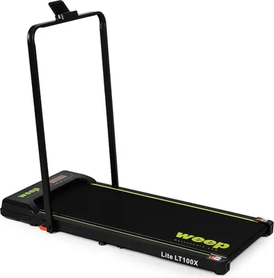 A black treadmill with green accents and branding, shown from a slightly elevated side angle against a white background.