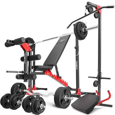 Produktbild von Marbo Sport Set MH25_162KG_KIER_G | Hantelbank MH-L115 + 2 x Hantelständer + Beintrainer + Latzugstation + Curlpult + Stangen / Hantelscheiben 113 kg