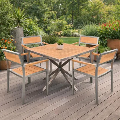 Produktbild von Teako Design Essgruppe Teakholz Edelstahl 4 Stapelstühle Tisch 80x80cm