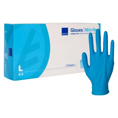 A box of blue nitrile gloves and one glove is shown.