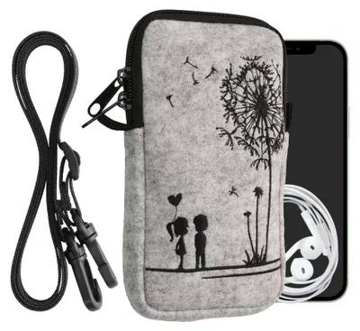 Produktbild von kwmobile Handytasche für Smartphones L - 6,5" - Filz Handy Hülle Schwarz Hellgrau - Handy Tasche mit Kette 16,5 x 8,9 cm Innenmaße - Pusteblume Love