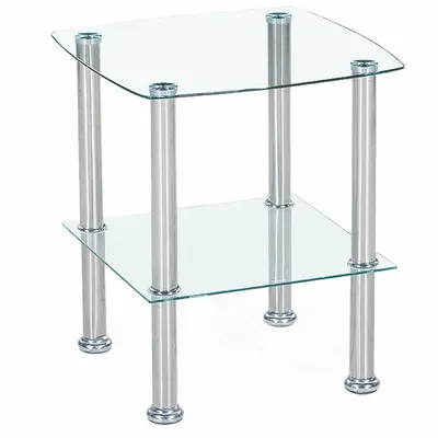 A clear studio shot of a glass and metal side table.