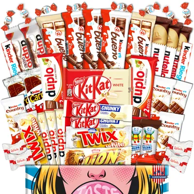 A large assortment of various chocolate bars and candies arranged in a box.