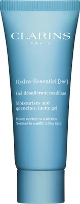 A close-up studio shot of a blue Clarins Hydra-Essentiel matte gel tube.
