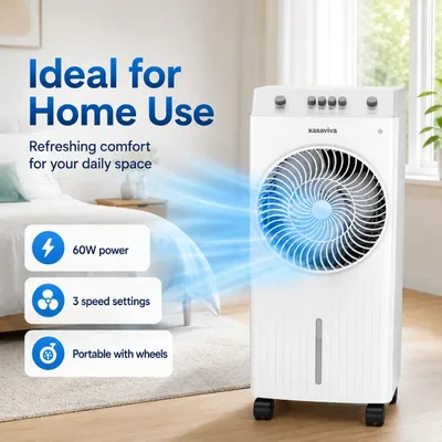 Obrázek produktu pro Přenosný chladič vzduchu – chladič založený na principu odpařování – 60 W – 3 úrovně rychlosti ventilátoru – chlazení vodou – 220 V AC – bílá barva