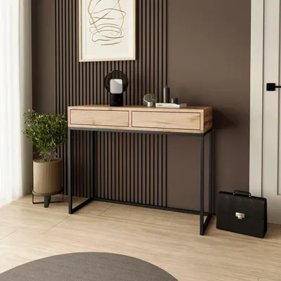 Image de SofaStyle Console LANGO 100 cm - Console à 2 tiroirs, coiffeuse, chêne Wotan avec pieds métalliques noirs