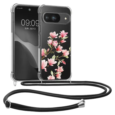 Produktbild von kwmobile Necklace Case kompatibel mit Google Pixel 9 / Pixel 9 Pro Hülle - Silikon Cover mit Handykette - Rosa Weiß Transparent Magnolien