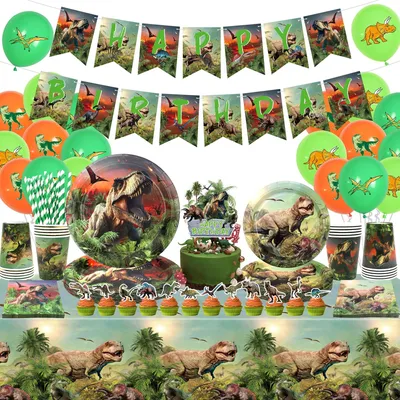 Produktbild von Dinosaurier Geburtstagsfeier Dekorationsset für 20 Gäste mit Bannern und Ballons