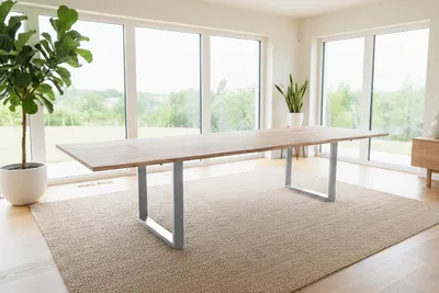 Produktbild von Esstisch Baumkante Akazie natur 200(300)x100 Ansteckplatten U-Gestell silber AVINO