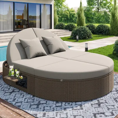 Produktbild von Rattan-Doppelliege mit seitlichem Regal, Klapptisch, einstellbarer Winkel, für zwei Personen, Outdoor-Daybed