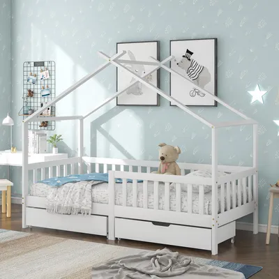 Image de Lit cabane 90x200 cm avec 2 tiroirs, lit enfant en bois massif avec protection antichute et sommier à lattes, lit avec rangement, bois de pin, blanc