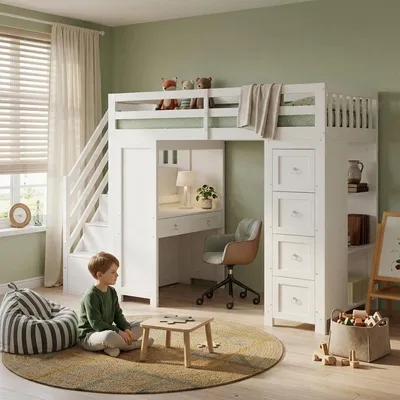 Zdjęcie produktu dla Łóżko piętrowe 90x200 cm, białe, wykonane z drewna sosnowego, MDF i płyty wiórowej, z biurkiem i miejscem do przechowywania, idealne do pokoju dziecięcego lub sypialni
