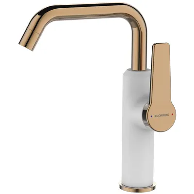 Produktbild von BADLAND Waschtischarmatur Wasserhahn Hoch ALANIS Mischbatterie für Badezimmer in Weiß-Roségold + Click-Clack