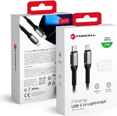 Produktbild von Forcell 3m USB-C-Lightning Kabel, 27W, Nylon Schwarz