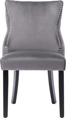 A single gray upholstered dining chair with black wooden legs is shown from the front against a white background.