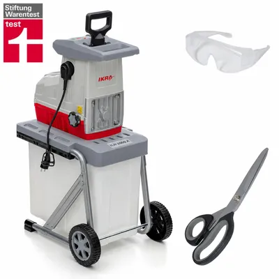 Produktbild von IKRA Elektro Walzenhäcksler Gartenhäcksler| 3000 W | Äste bis 44 mm | autom. Asteinzug & Rücklauf | inkl. 60 L Fangbox, Stopfer, Schere & Schutzbrille, KI-generiertes Bild
