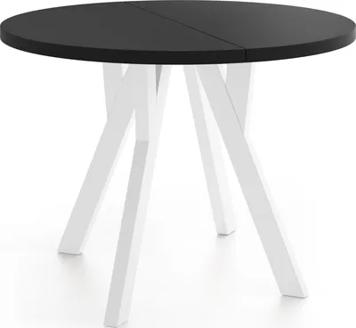 Produktbild von Runder Ausziehbarer Esstisch im Loft-Stil – Industrieller Tisch mit Weißen Holzbeinen – Platzsparender Esstisch für Wohnzimmer – Schwarz – 80 bis 160 cm