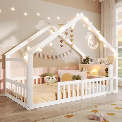 Produktbild von MODFU Kinderbett ohne Matratze 90x190  Hausbett mit Gitter,Tagesbett mit Hausleiste,Jugendbett Flachbett,Weiß