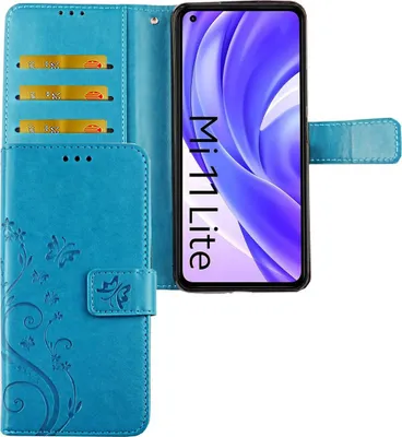 Produktbild von Xiaomi Mi 11 Lite Tasche Handy Hülle Schutz-Cover Flip-Case mit Kartenfach, Farbe:Blumen Blau