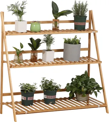 Produktbild von Outsunny 3-stufiges Bambus-Pflanzenregal, faltbarer Blumenständer, Topfregal für drinnen und draußen, 98 x 37 x 96,5 cm, Natur