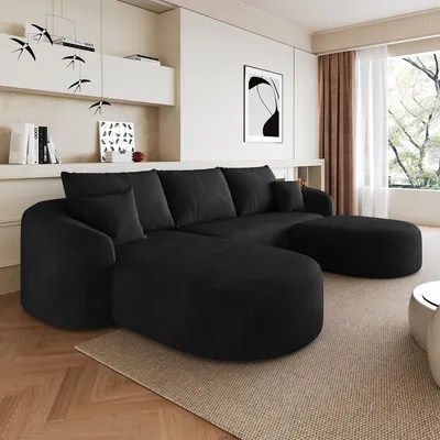 Produktbild von okwish 2-Sitzer U-förmiges Ecksofa linksseitiger Ottomane,modulares Sofa    mit Hocker,Wohnzimmersofa, klassisches Sofa,Schwarz