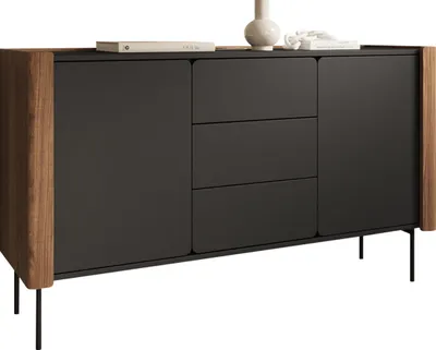 Produktbild von MIRJAN24 Kommode Wrap KSZ141, Highboard mit zwei Drehtüren und drei Schubladen, Sideboard (Farbe: Nuss Warmia / Schwarz)