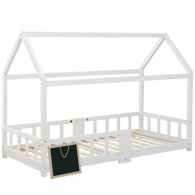Produktbild von Hausbett mit Lattenrost, 90x200 cm, Kinderbett mit Rausfallschutz, Einzelbett, Jugendbett, Kiefer
