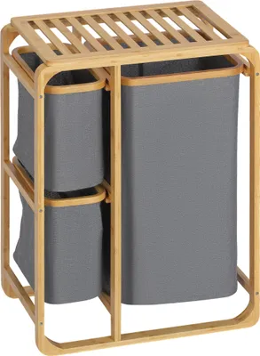 Image de Panier à linge, structure en bambou, 3 sacs en tissu amovibles, bois naturel et gris, 50 x 32 x 697 cm