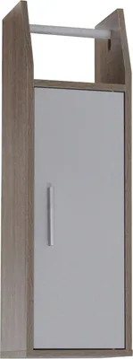 A single, tall, narrow cabinet with a door and a handle, and a rod across the top.