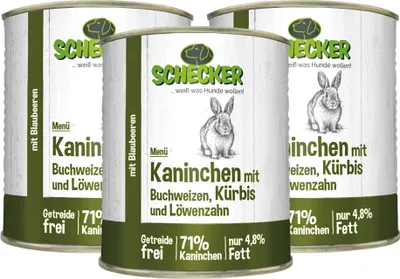 Produktbild von 3 x 820 g - Schecker Nassfutter - Hundemenü - 71 % Kaninchen  Buchweizen, Kürbis  - getreidefrei