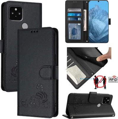 Produktbild von Leder Hülle für Google Pixel 5 Süße Katze Flip Case Brieftasche Schutzhülle mit Standfunktion Schwarz