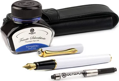 Produktbild von Füllhalterset Diplomat Traveller Snowwhite Gold mit Lederetui, Schreibtinte und Tintenkonverter, Stärke M