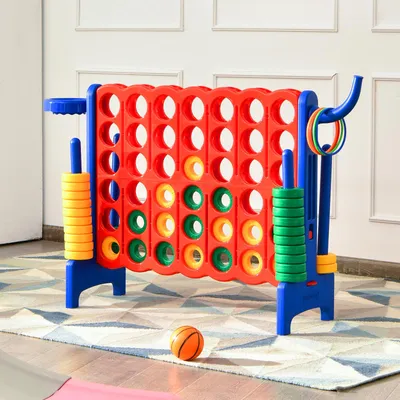 Produktbild von COSTWAY 4 in 1 Riesiges 4 Gewinnt Spielset mit 42 Jumbo Ringen, Rot Blau