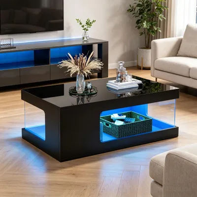 Zdjęcie produktu dla Stolik kawowy Merax z wykończeniem na wysoki połysk i oświetleniem LED, stolik do salonu z hartowanym szkłem, nowoczesny stolik pod kanapę z dużą przestrzenią do przechowywania i sterowaniem za pomocą aplikacji, czarny